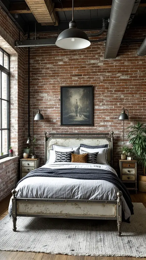 A cozy industrial bedroom with a brick wall, metal bed frame, and vintage decor.