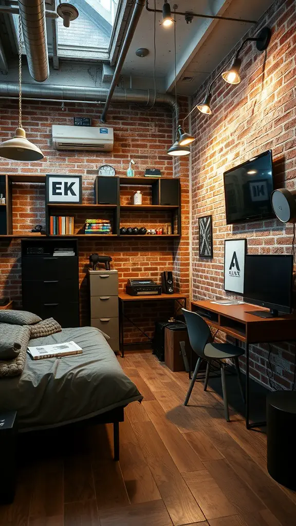 A stylish teenage boy's room featuring exposed brick walls, metal accents, and a cozy design.