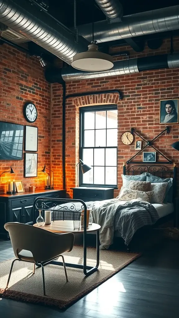 Industrial chic bedroom with exposed brick walls, a metal bed frame, and stylish accents.