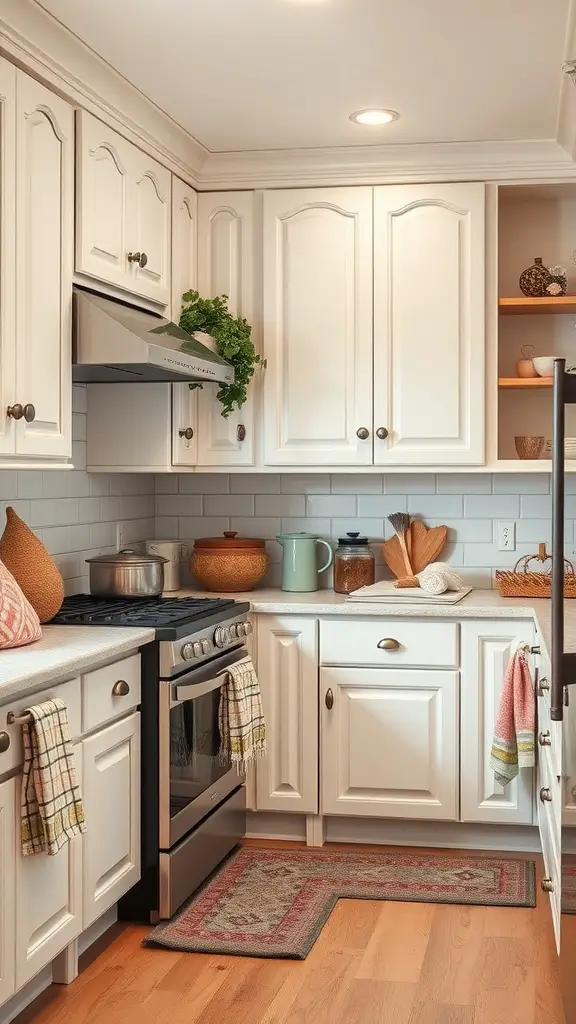 A cozy kitchen with white cabinets, featuring hanging tea towels and a patterned rug.