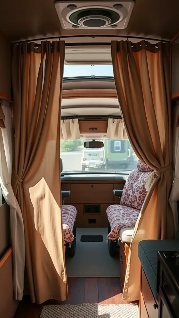 Interior view of a camper van showing curtains and floral-patterned cushions.