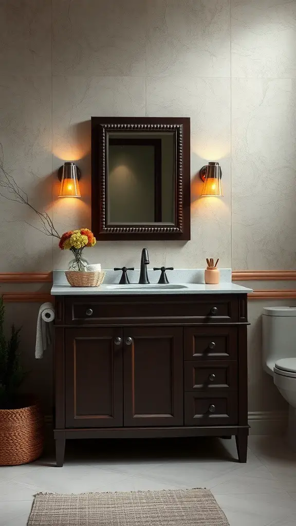 A dark chocolate bathroom vanity with integrated lighting and warm wall sconces.