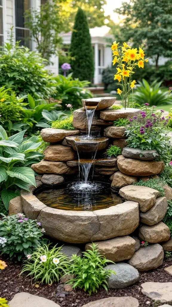 A small stone fountain surrounded by flowers and greenery in a front yard.