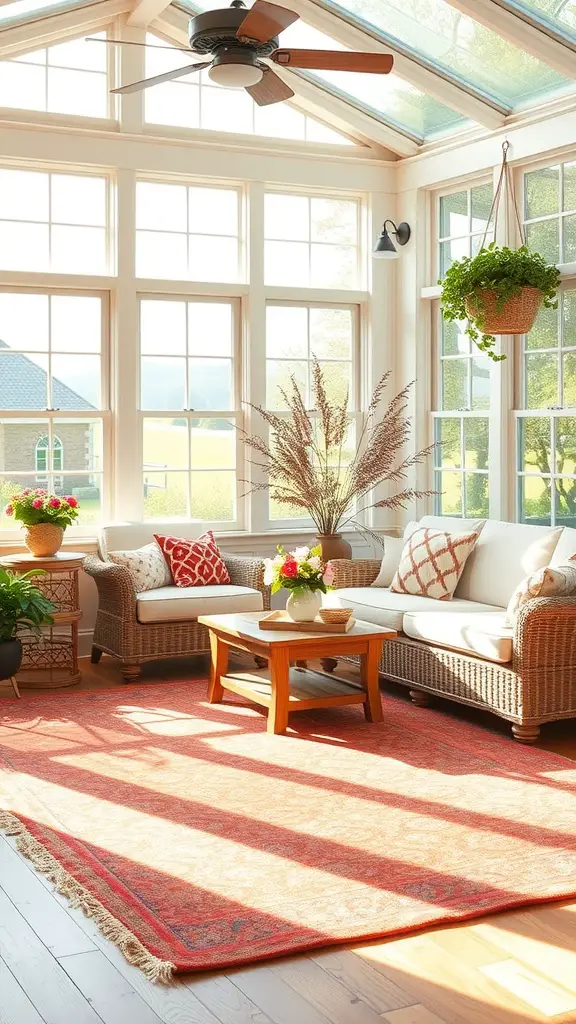 Bright sunroom with a cozy area rug, comfortable seating, and lots of natural light.