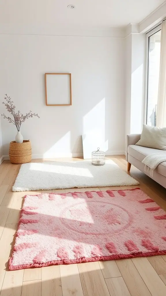 A cozy living room featuring a pink throw rug and a white throw rug on a wooden floor, with a subtle decor accent.