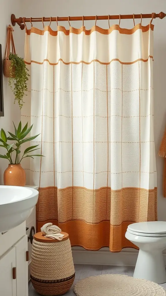 A jute and cotton bathroom curtain that adds natural texture