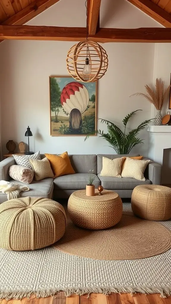 Cozy living room with jute rug, light sofa, colorful cushions, and a plant.