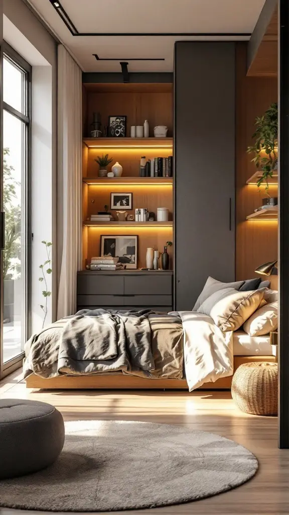 A small bedroom with furniture positioned close to the walls, featuring a bed, nightstand, and wooden floors.