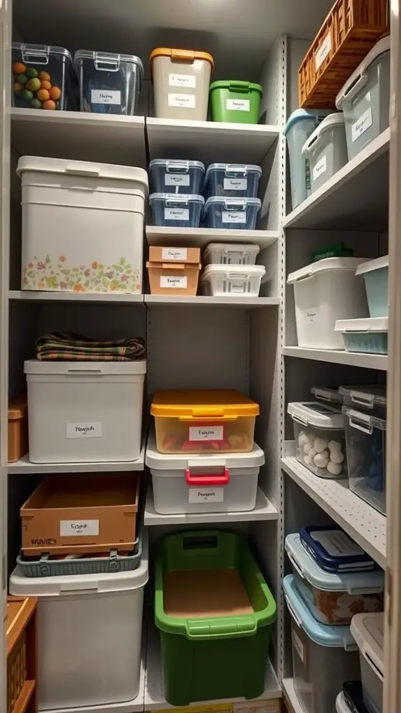 Organized closet shelves with labeled storage containers.