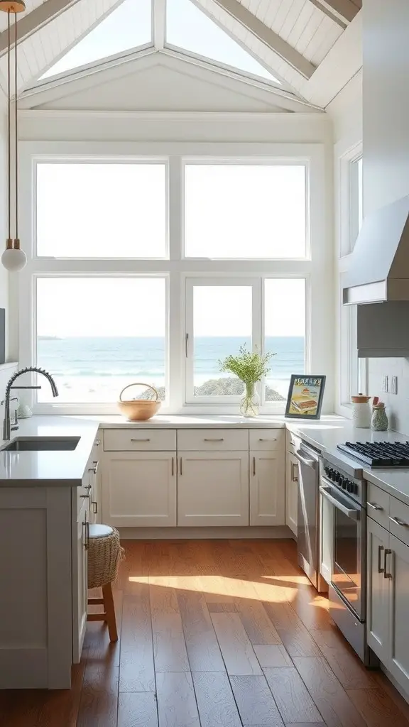 A bright beach house kitchen with large windows overlooking the ocean.