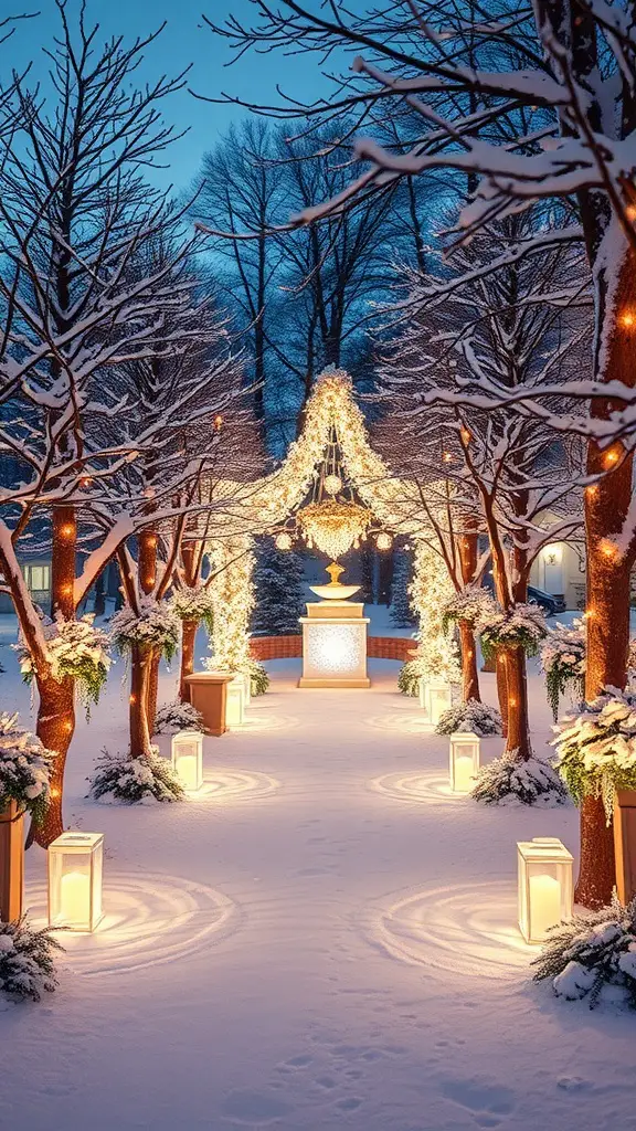 A beautifully lit winter wedding pathway with trees, snow, and a central fountain
