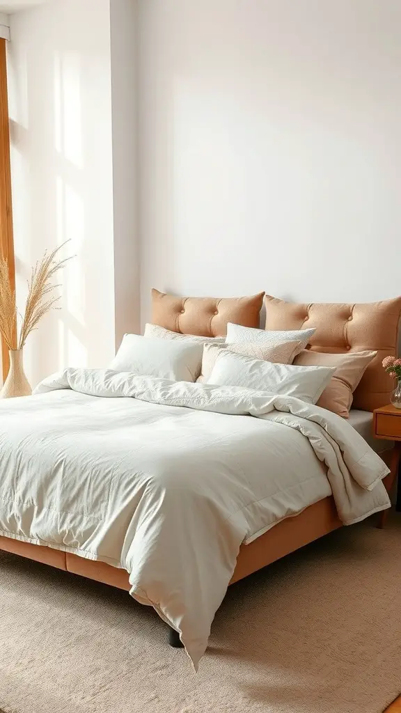 A cozy bed with layered neutral bedding and soft pillows, creating a serene bedroom atmosphere.