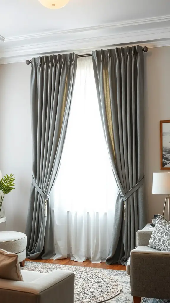 A stylish living room with layered grey and white curtains, a cozy sofa, and a modern lamp.