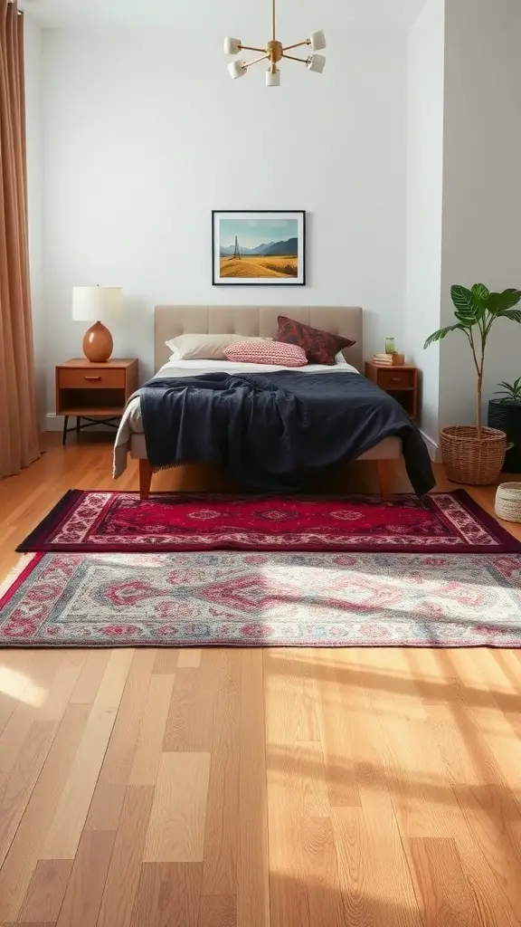 A stylish bedroom featuring layered jewel tone rugs on a wooden floor.