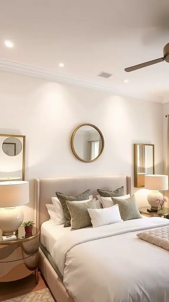 A cozy bedroom with layered lighting, featuring a ceiling fan, table lamps, and wall-mounted sconce.