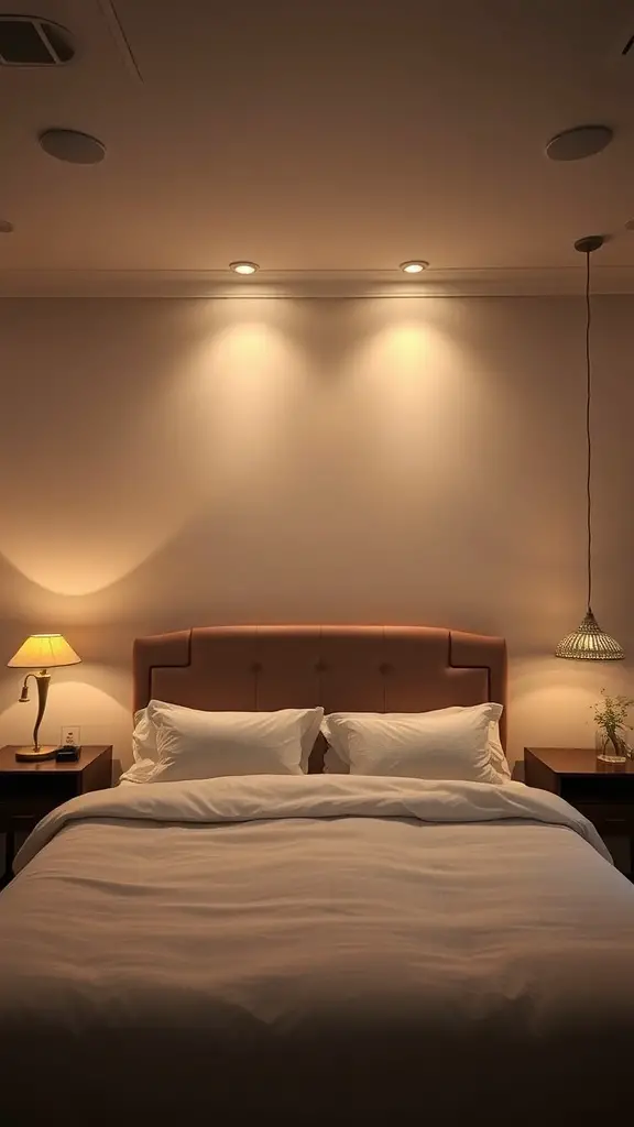 A beautifully lit master bedroom with bedside lamps and ceiling lights creating a warm glow