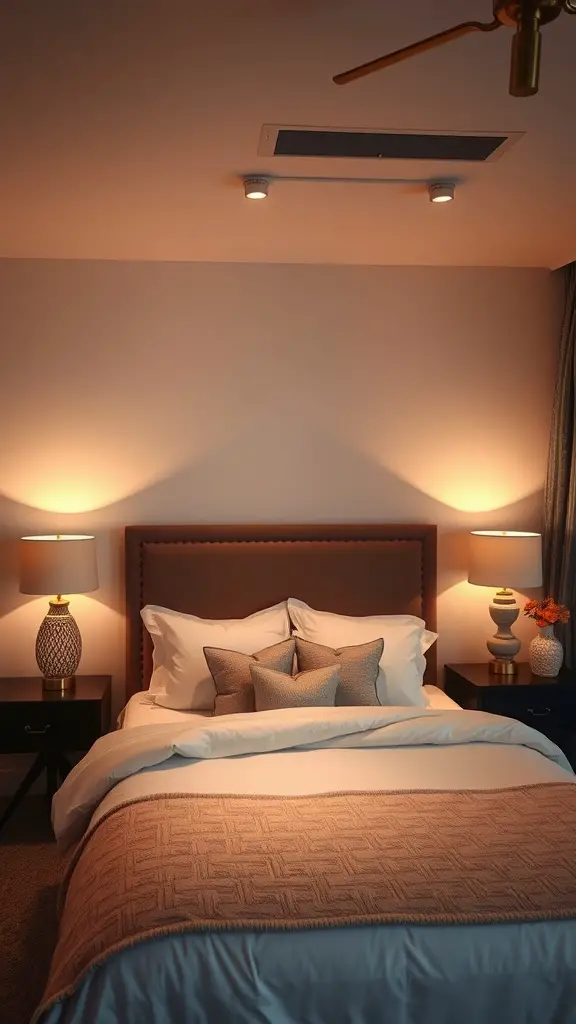 Cozy bedroom with layered lighting, artwork, and warm bedding.