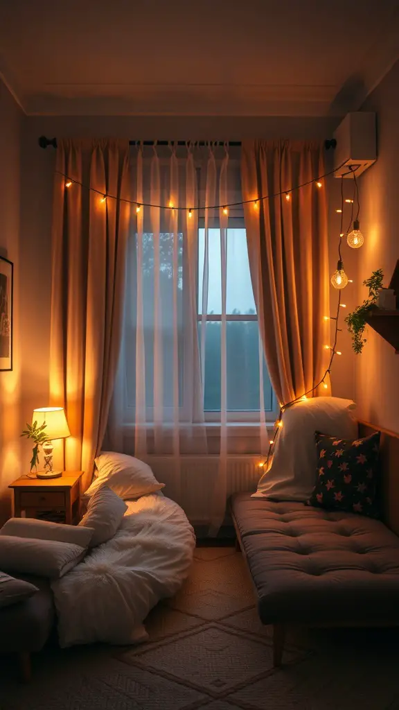 A cozy bedroom with layered lighting featuring a bedside lamp, string lights, and soft curtains.