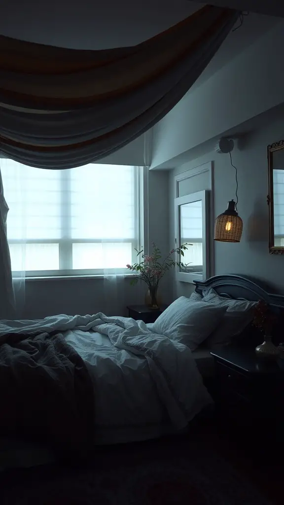 A cozy bedroom with layered lighting from fabric shades and a hanging light fixture, featuring plants and soft bedding.