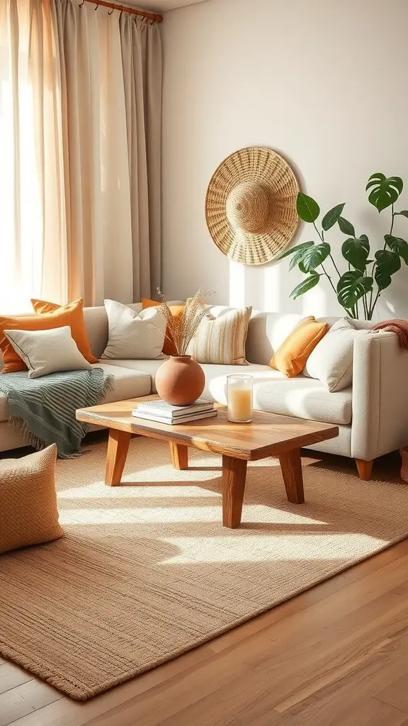 A cozy living room featuring layered rugs, a comfortable sofa with colorful cushions, and a wooden coffee table.
