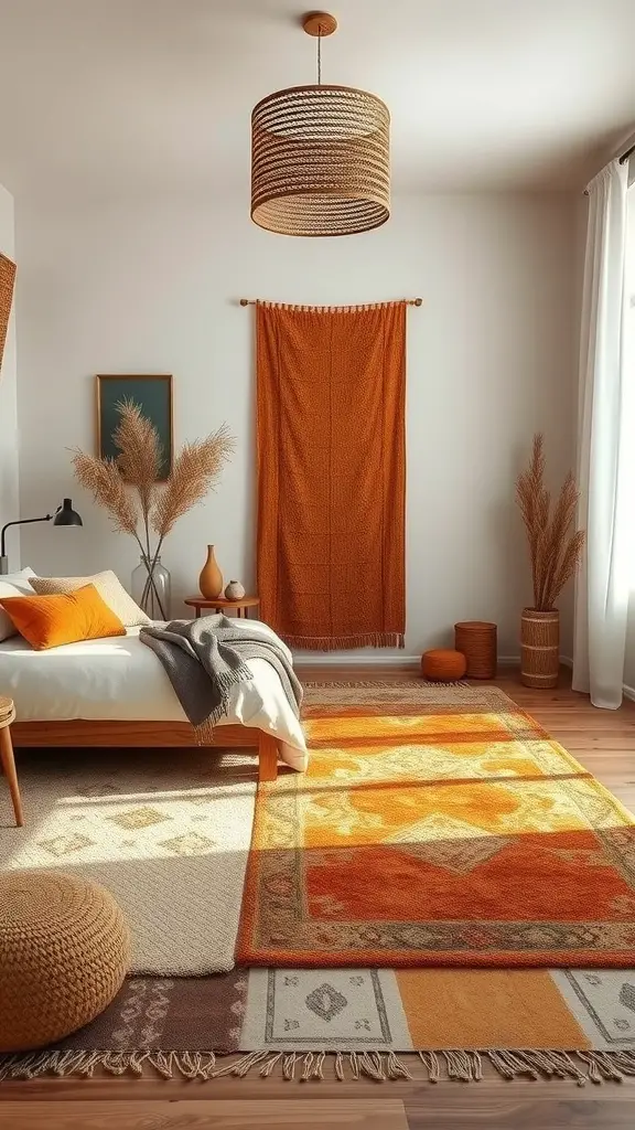 A cozy bedroom featuring layered rugs in burnt orange and earthy tones, creating a warm and inviting atmosphere.