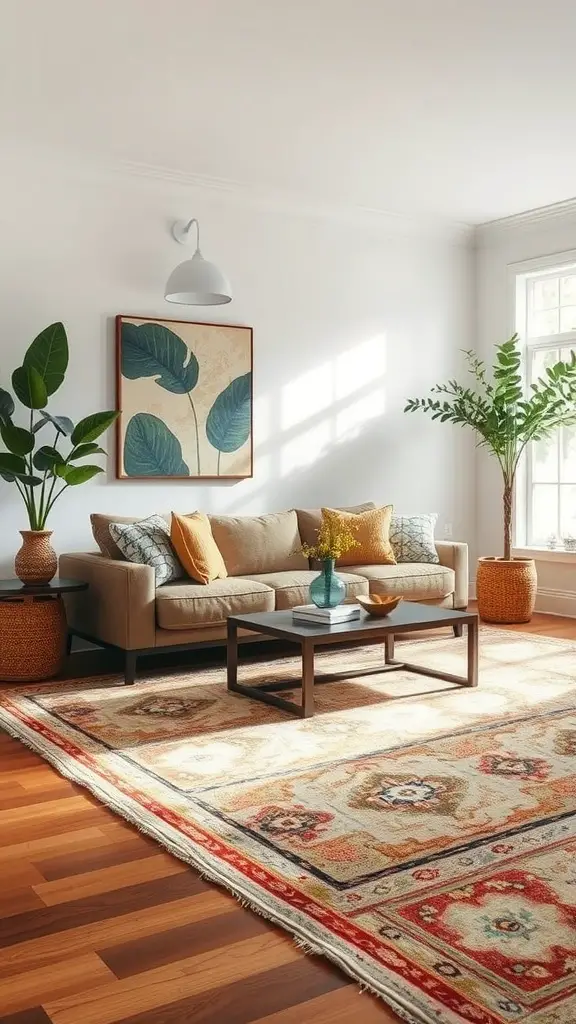 A cozy living room featuring layered rugs with vibrant designs.