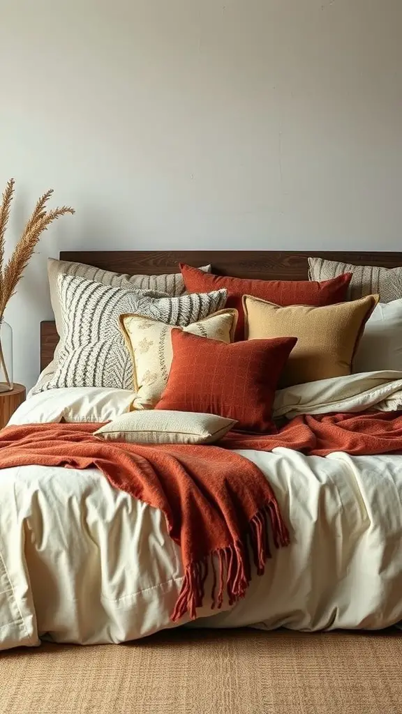 A cozy bedroom with layered textiles, featuring an array of pillows and a warm throw on a neatly made bed.