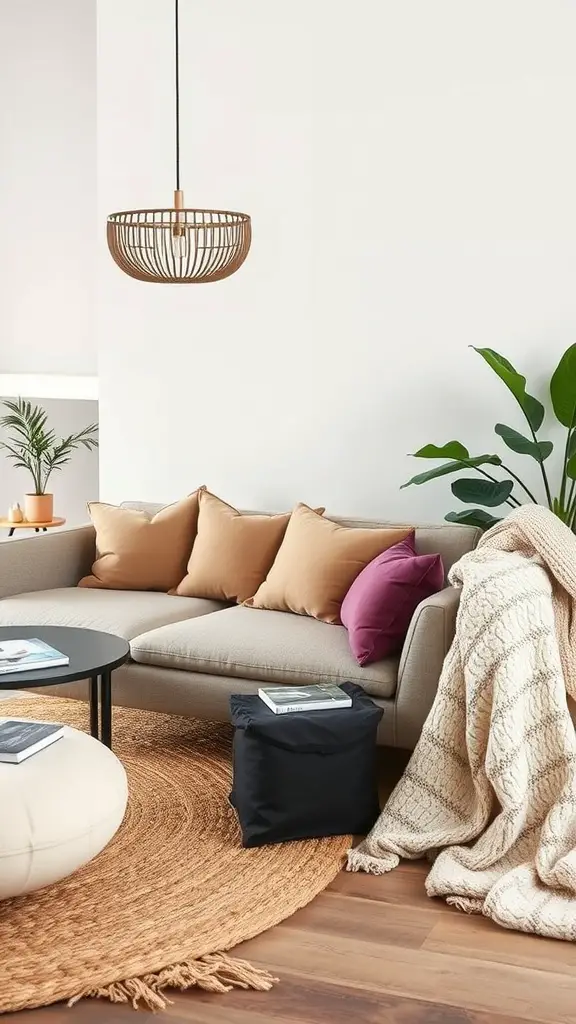 Cozy living room with layered textures including cushions, rugs, and throws.