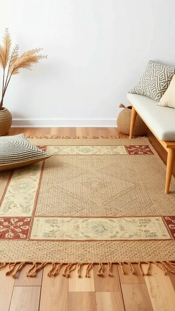 A cozy living room featuring a jute rug, textured pillows, and a decorative plant.