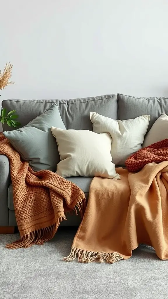 Grey couch with layered soft pillows and warm throws for a cozy living room look