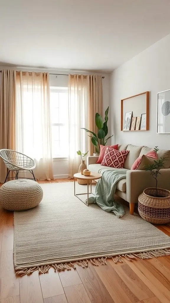 Cozy living room with layered textiles: a sofa with colorful cushions, a textured rug, and natural light.