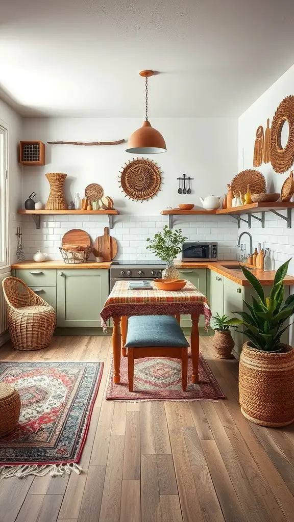 Boho-style kitchen featuring layered textures with wooden furniture, woven baskets, and plants.