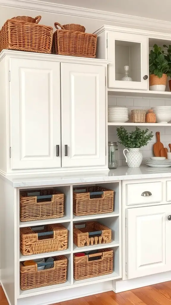 A kitchen featuring white cabinets, woven baskets on top and in shelves, and greenery for a natural look.