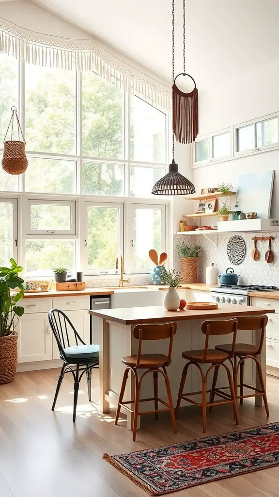 A bright, airy kitchen featuring large windows, wooden accents, and boho decor.