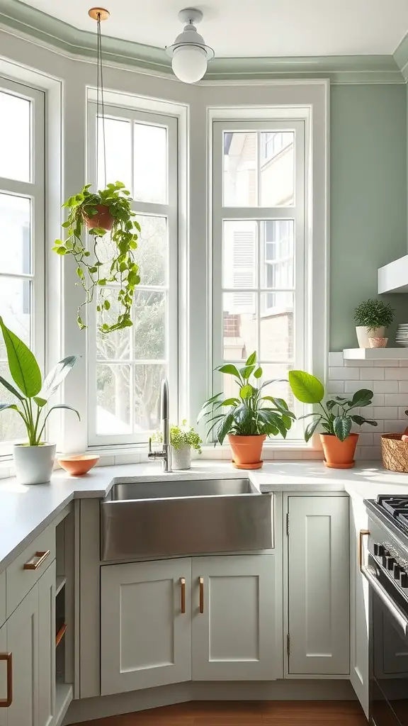A kitchen with light green cabinets, large windows, and hanging plants, filled with natural light.