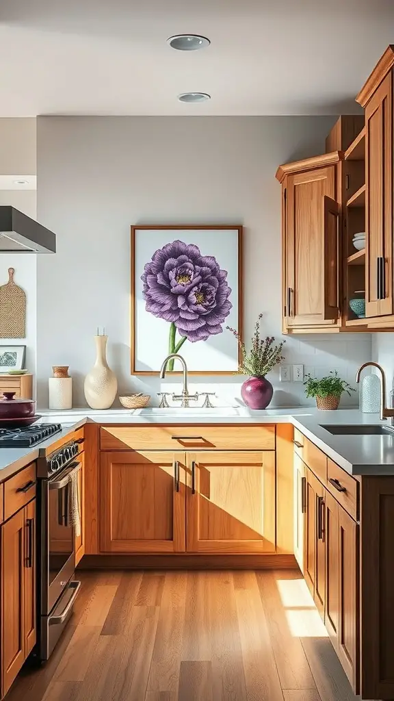 A kitchen with light oak cabinets, a purple flower artwork, and purple accents.