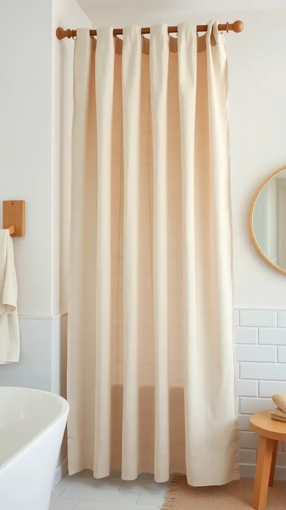 Linen blend bathroom curtain, soft natural texture, relaxed vibe
