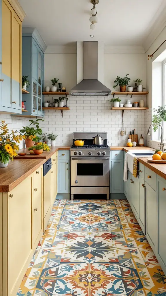 A cozy kitchen featuring linoleum flooring with colorful leaf patterns, natural wood cabinets, and yellow walls.