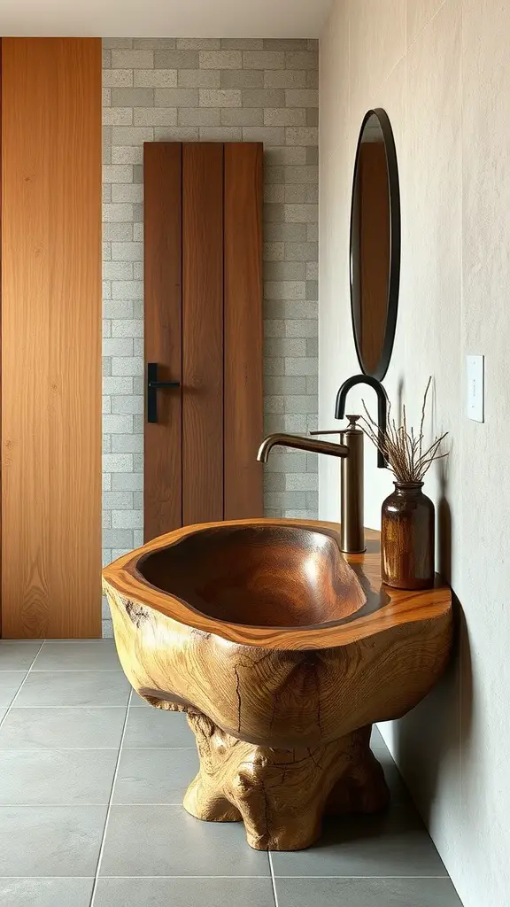 A live edge wooden basin in a modern bathroom setting.