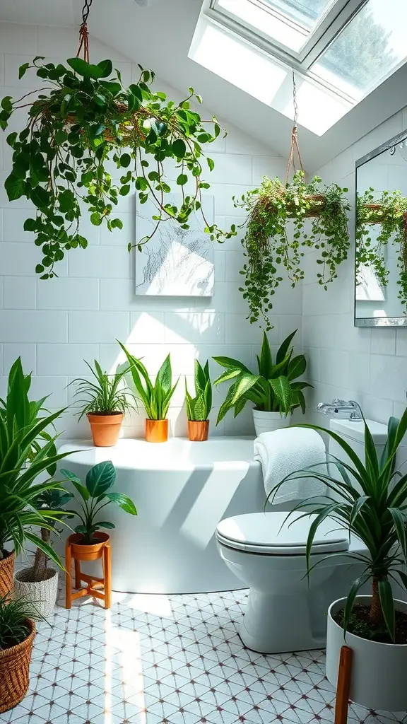 A bathroom filled with various indoor plants, including hanging and potted plants, creating a vibrant and fresh atmosphere.