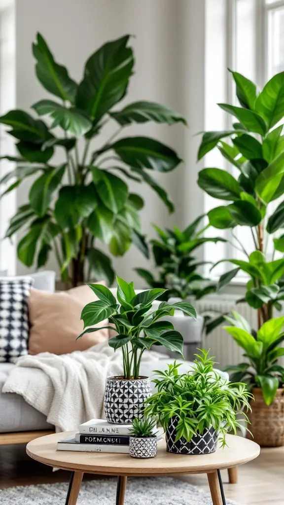 Indoor plants in stylish black and white pots arranged in a living room setting.