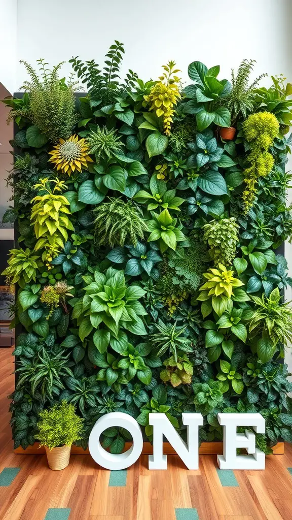 A lush vertical living wall decorated with various green plants and a decorative sign that reads 'ONE'.