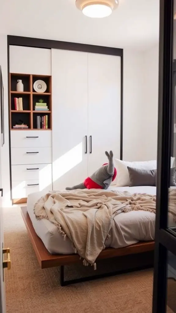 A lofted bed with a study nook underneath, featuring a black frame, wooden desk, and decorative items on the wall.