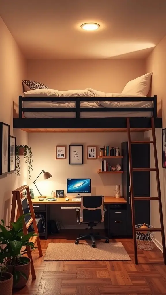 Lofted bed with workspace below, featuring a desk with computer and plants