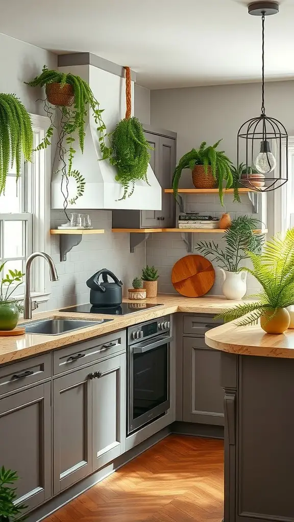 A cozy kitchen with lush fern green decor, featuring ferns on shelves, warm wood accents, and natural light.