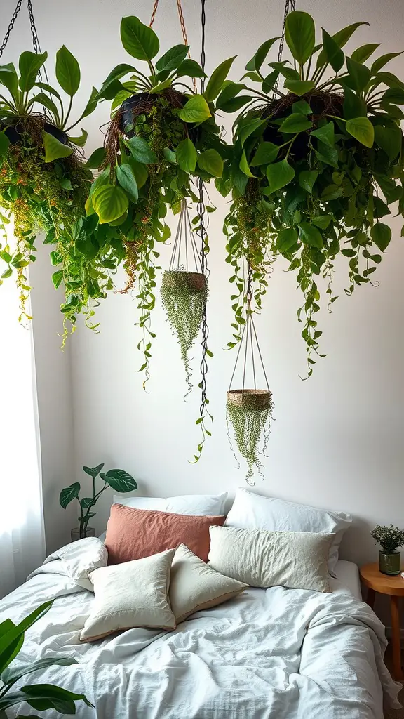 A cozy bedroom with hanging plants above a bed, showcasing a fresh and calming atmosphere