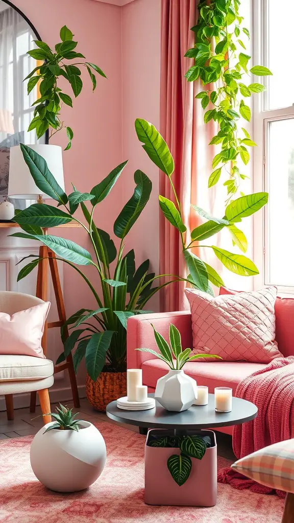 A living room featuring pink decor with lush green plants, including a pink sofa, various potted plants, and soft furnishings.