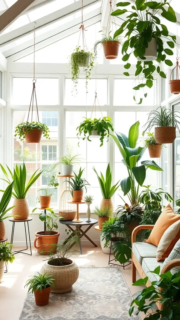 A bright sunroom filled with various plants, including hanging and potted greenery, creating a cozy and inviting atmosphere.