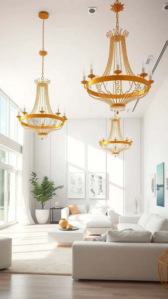 Elegant gold chandeliers hanging in a bright living room with white decor