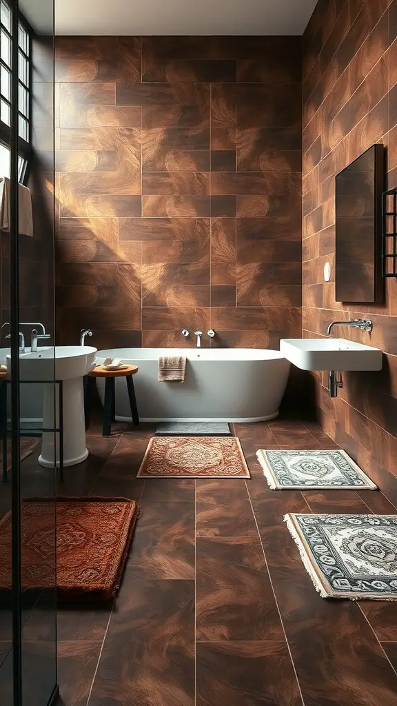 Luxurious bathroom with chocolate brown tile flooring and light fixtures.